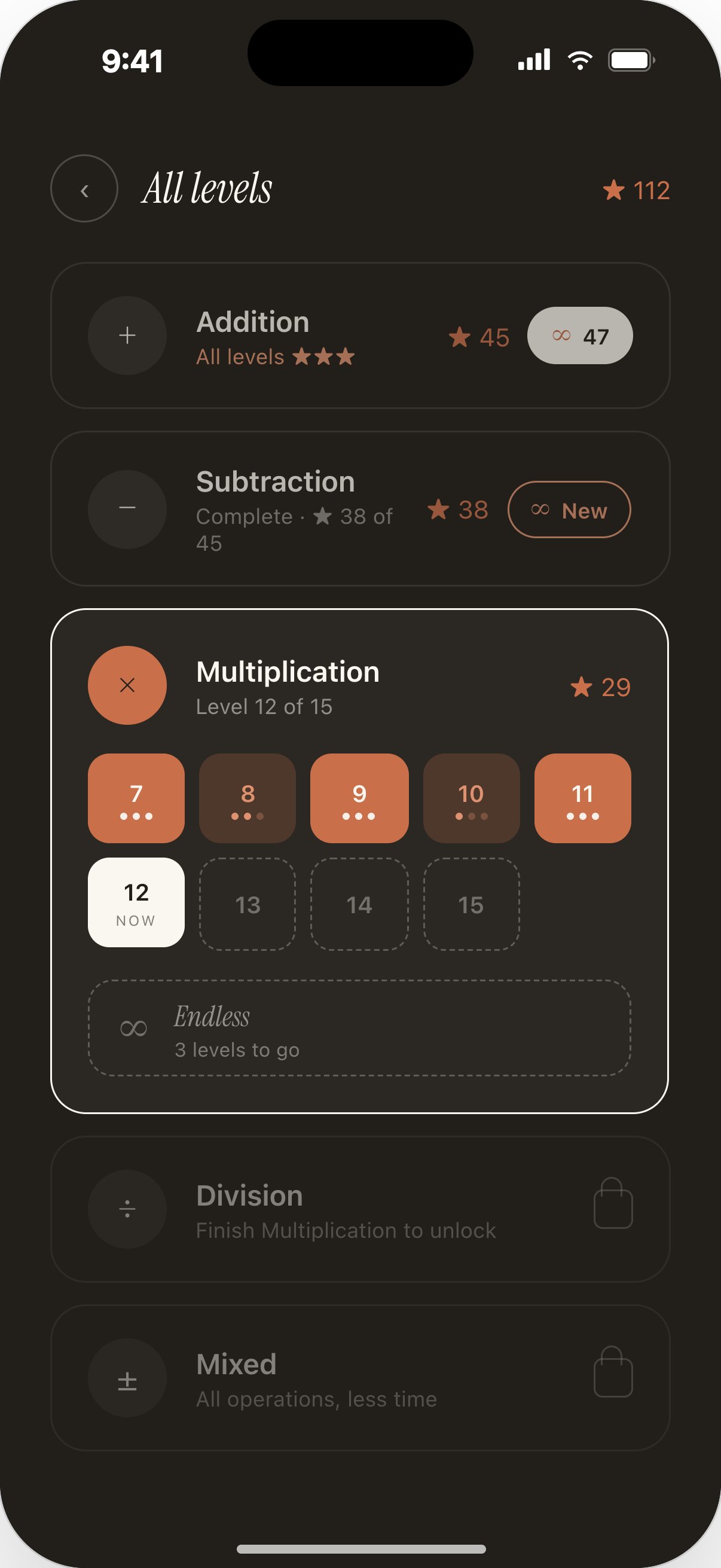 Carryover all-levels screen in dark appearance, showing progress through addition, subtraction, and multiplication, with division and mixed chapters still locked.