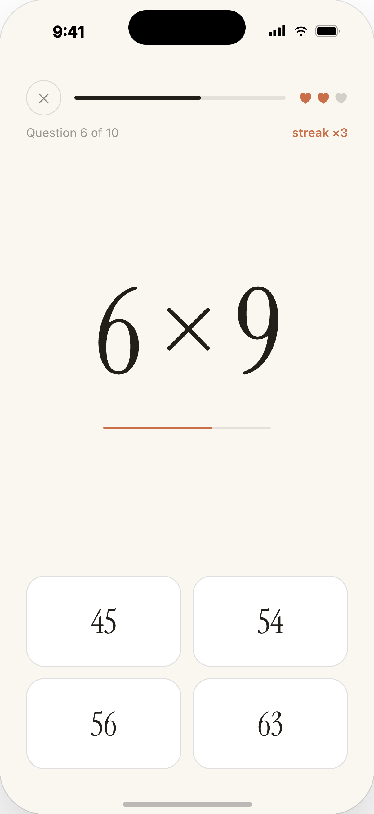 Carryover gameplay in light appearance, asking six times nine with four possible answers.