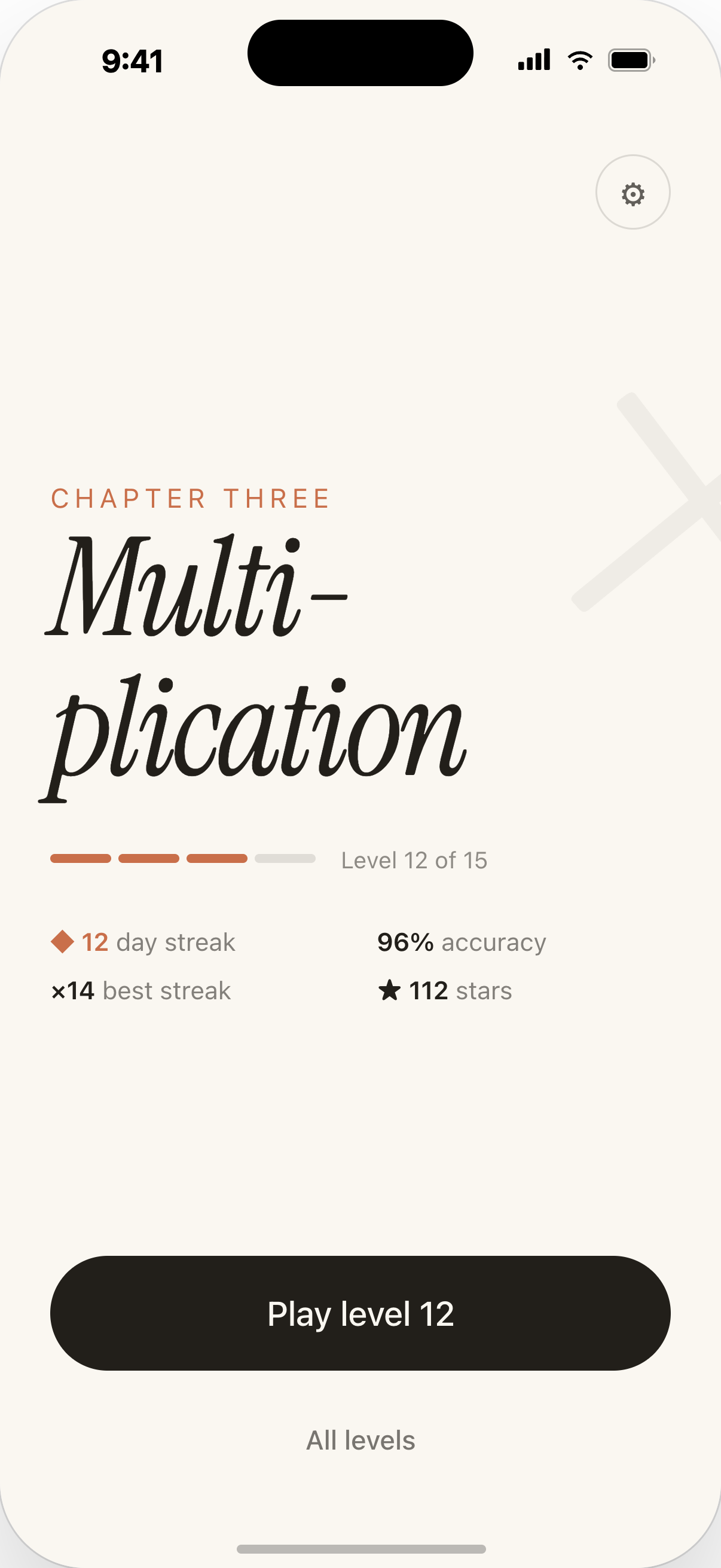 Carryover home screen in light appearance, showing multiplication chapter progress, a 12-day streak, 96 percent accuracy, and the button to play level 12.