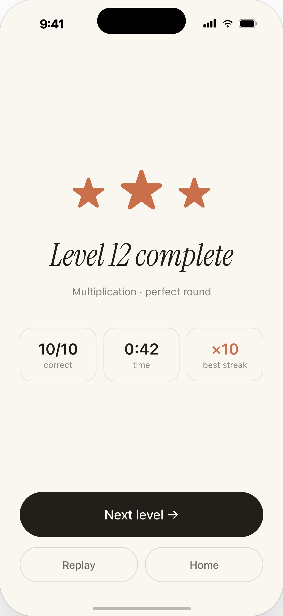 Carryover level-complete screen in light appearance, showing a perfect three-star result for multiplication level 12.