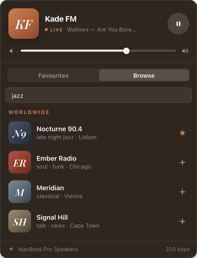 The Ether Radio popover showing the Browse tab: a search for "jazz" returning worldwide results including Nocturne 90.4 in Lisbon, Ember Radio in Chicago, Meridian in Vienna and Signal Hill in Cape Town.