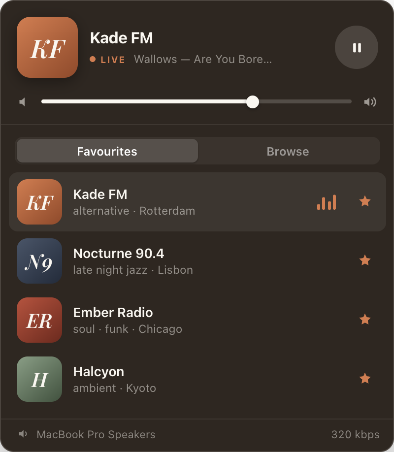 The Ether Radio popover showing the Favourites tab: Kade FM playing live with an animated equalizer, above starred stations Nocturne 90.4, Ember Radio and Halcyon.